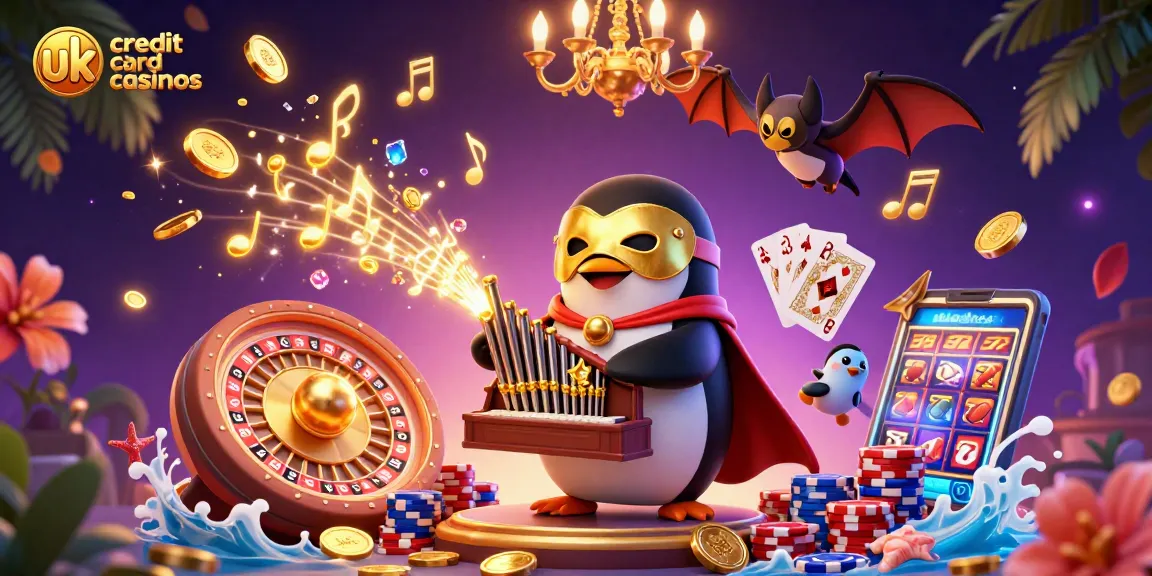Experience the excitement of UK credit card casinos with this vibrant 3D illustration featuring a penguin playing an organ, surrounded by coins and gems.