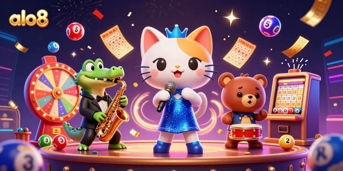 Experience the lively atmosphere of alo8 casino, featuring a jazz-singer cat, a saxophone crocodile, and a bear cub, amidst dynamic gaming elements.