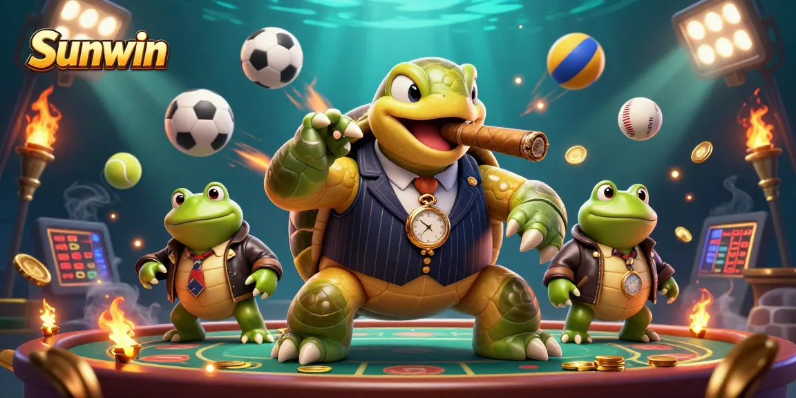 Play exciting games at Sunwin with a vibrant 3D casino scene featuring lively characters and sports elements.