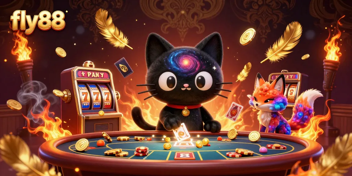 Experience immersive gaming with fly88, featuring a cat and fox in a cosmic casino filled with golden tokens.