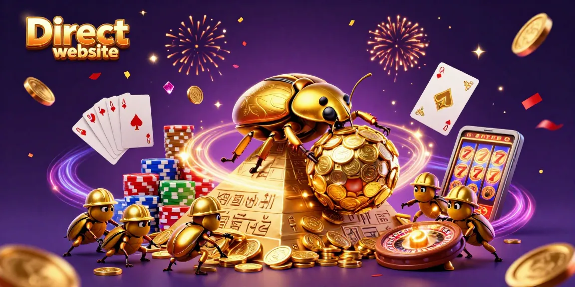 Experience the excitement of a Direct website with golden coins, animated beetles, and vibrant casino elements.