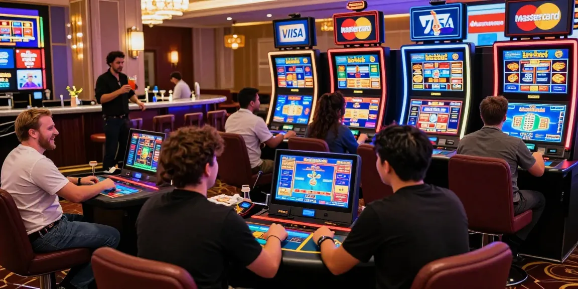 A diverse group enjoying credit card casinos available at crownwoods.org.uk, featuring vibrant gaming tables and colorful decor.