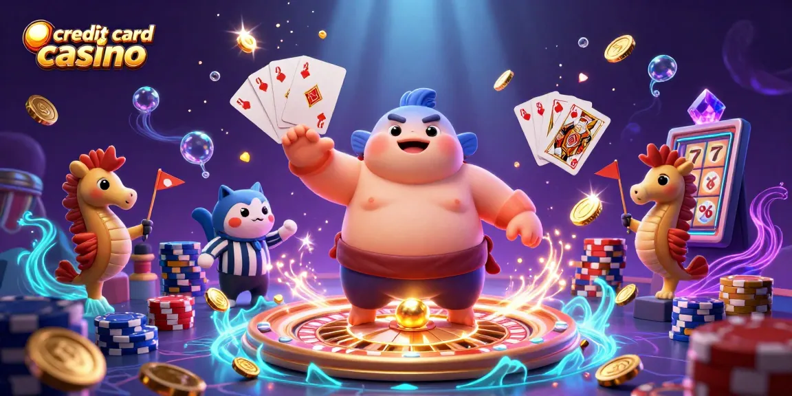 Engage with the vibrant scene of a credit card casino featuring a fugu sumo wrestler and captivating gameplay elements.