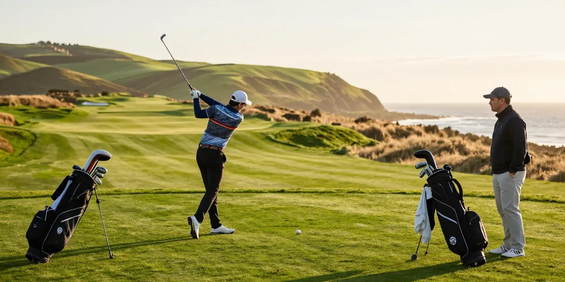 Golfer practicing swing at Cullen Links Golf Club, showcasing beautiful coastal scenery.