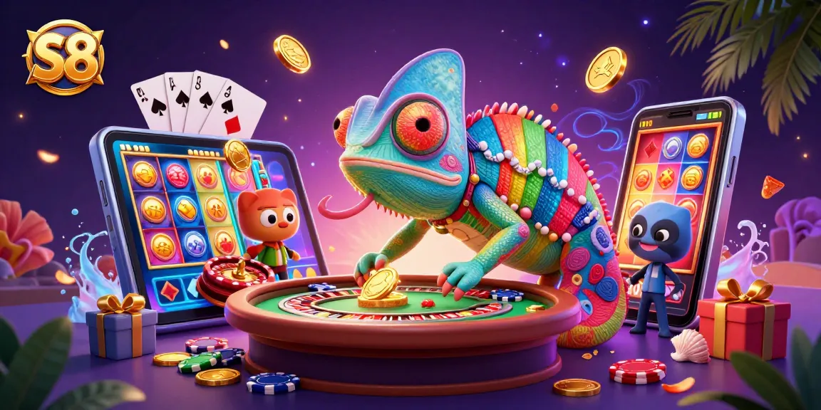 S8 presents a vibrant casino scene with a chameleon dealer amidst golden coins, captivating players with exciting games.