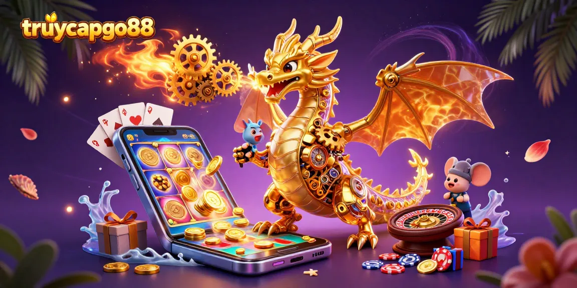 Engage with the excitement of truycapgo88 as the golden dragon and mouse engineer bring casino elements to life in a spectacular 3D scene.
