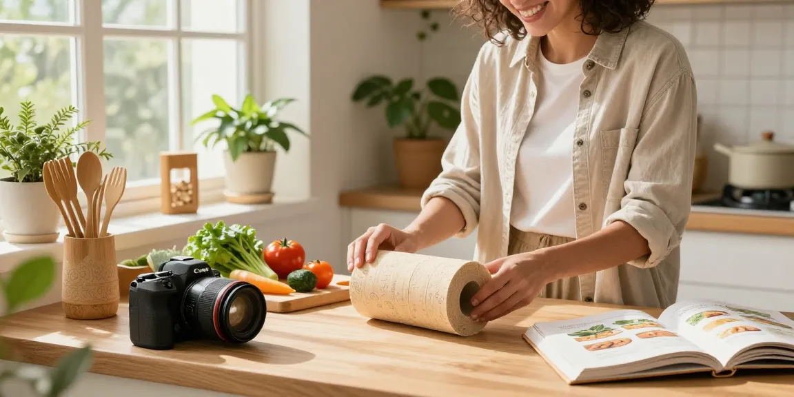 Bamboo Loo Roll being joyfully unrolled in a bright, eco-friendly kitchen with fresh vegetables and plants around.