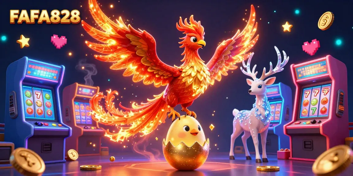 Experience the excitement of FAFA828 with a vibrant 3D casino scene featuring a phoenix and game elements.