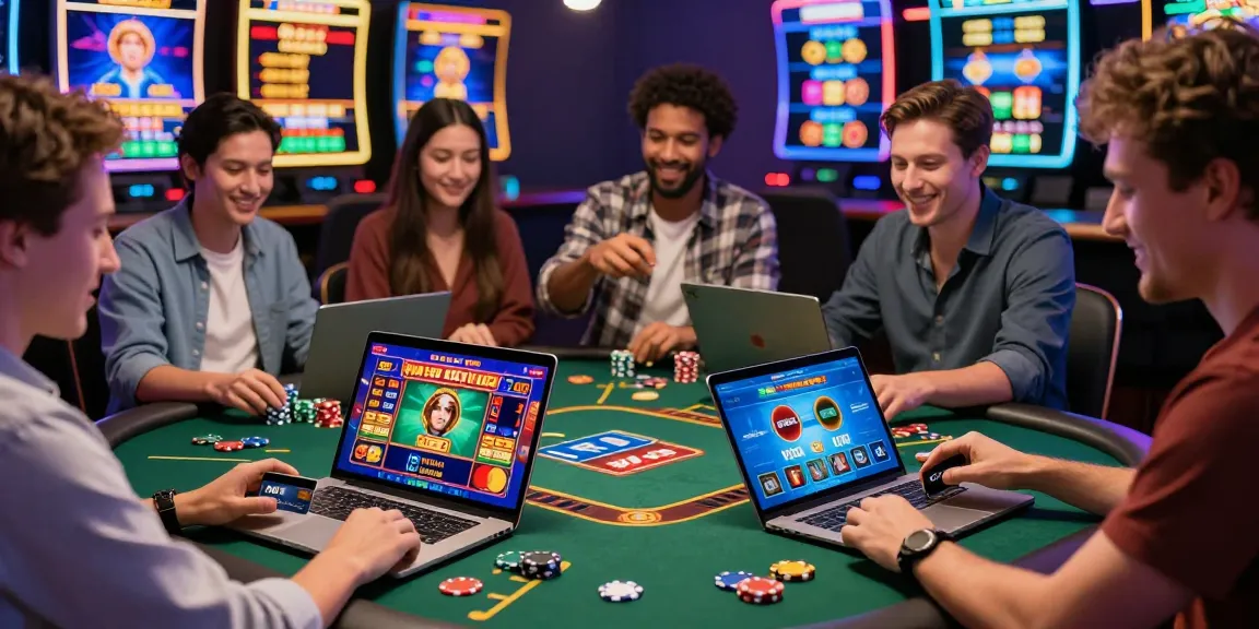 Exciting scene of players enjoying online casinos that accept credit cards with vibrant gaming interfaces and credit card deposits.