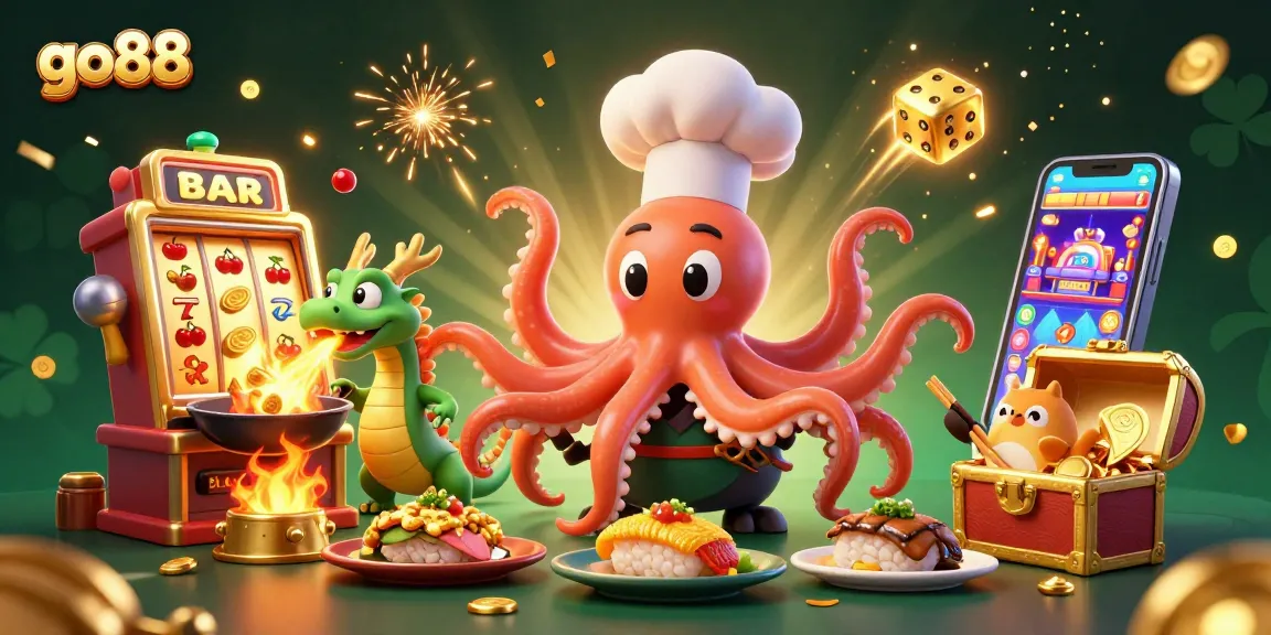 Experience thrilling slots gameplay at go88, with an octopus chef and dragon amidst a jackpot explosion.