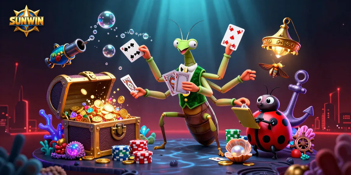 SUNWIN players enjoy a vibrant casino atmosphere with 3D characters dealing cards and gold treasures.